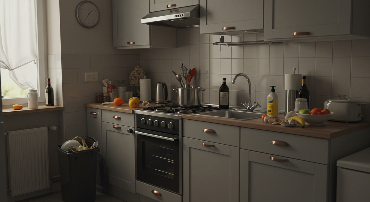 На первый взгляд чистая, но с намёками на неэффективность: портящиеся продукты, много техники, переполненное ведро для отходов