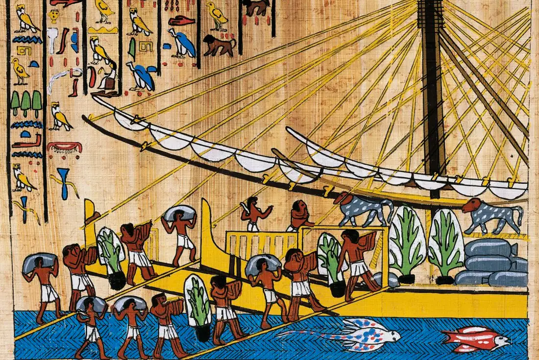 Погрузка товаров на лодку, отправляющуюся из земли Пунт / DeAgostini/Getty Images