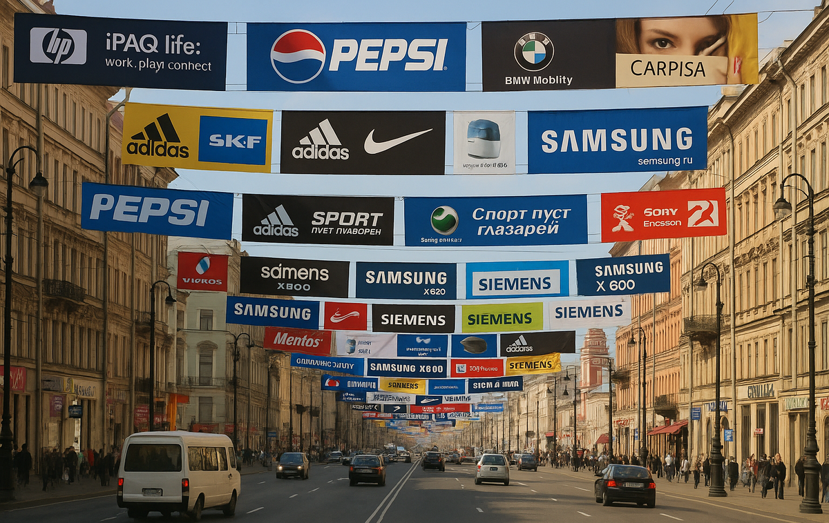 Смешные надписи, созданные нейросетью, и примерный вид того, как все было затянуто баннерами над проезжей частью. Картинка сгенерирована нейросетью.