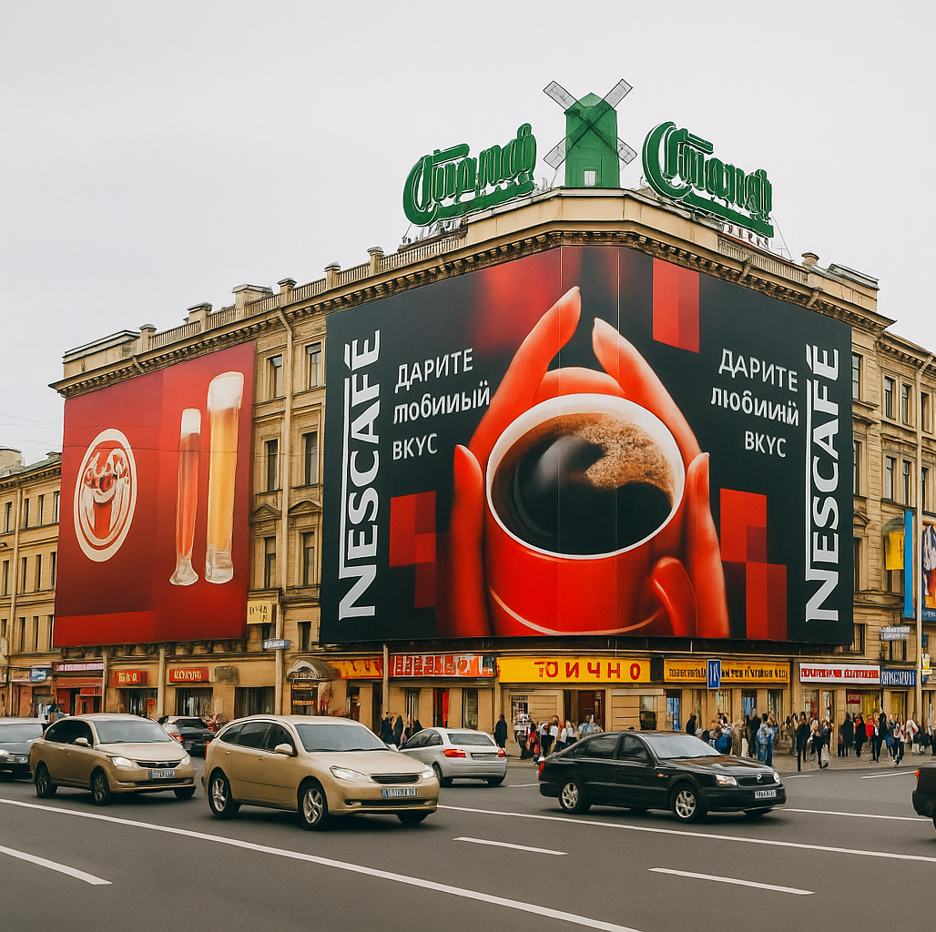 Основной источник жалоб горожан – дом на Невском Проспекте 114-116, в котором сейчас находится магазин Стокманн и ТЦ Невский центр (вольное прочтение нейросети его примерного внешнего вида в 2003 году). Картинка сгенерирована нейросетью.