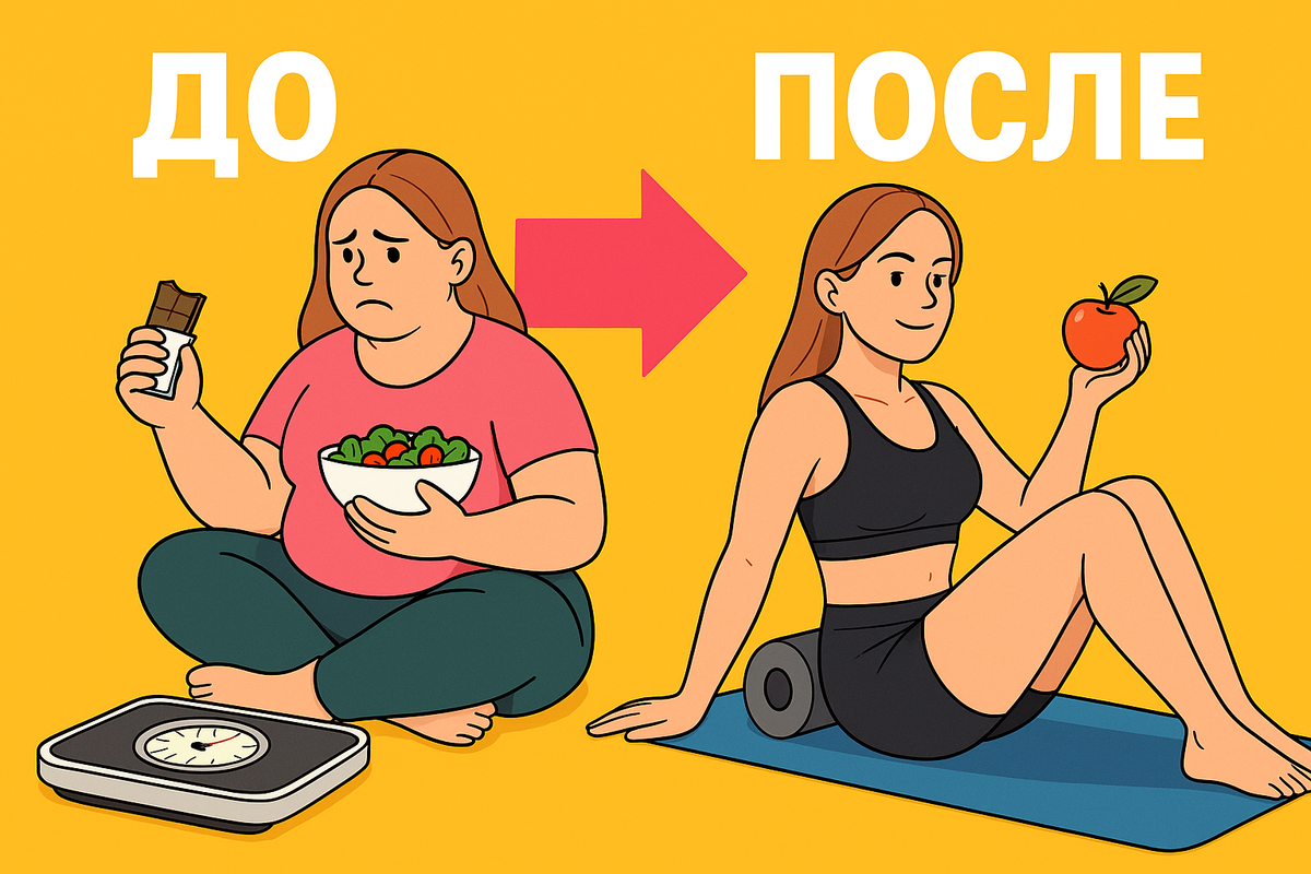 Иллюстрация «до и после»: слева грустная женщина с шоколадкой и весами, справа — стройная, улыбающаяся женщина с яблоком и валиком на коврике, на фоне яркого жёлтого цвета.