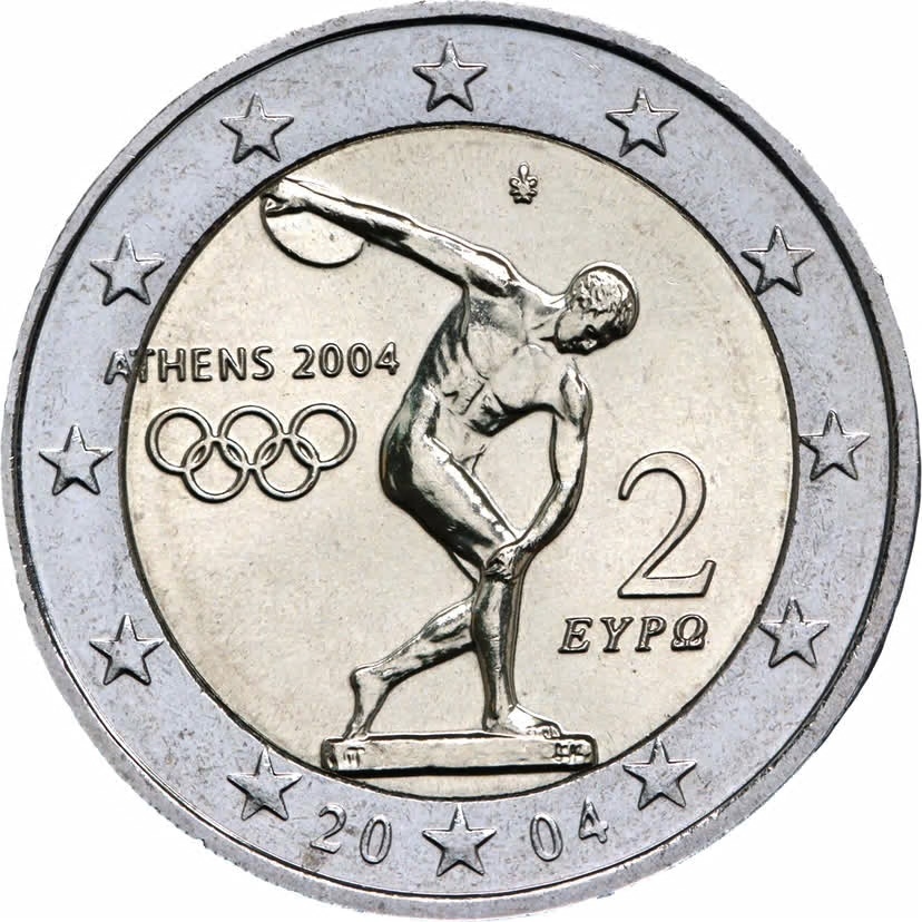 Самые первые монеты: Греция воспользовалась возможностью привлечь внимание к Летним Олимпийским играм 2004 года, отчеканив первые памятные двухевровые монеты.