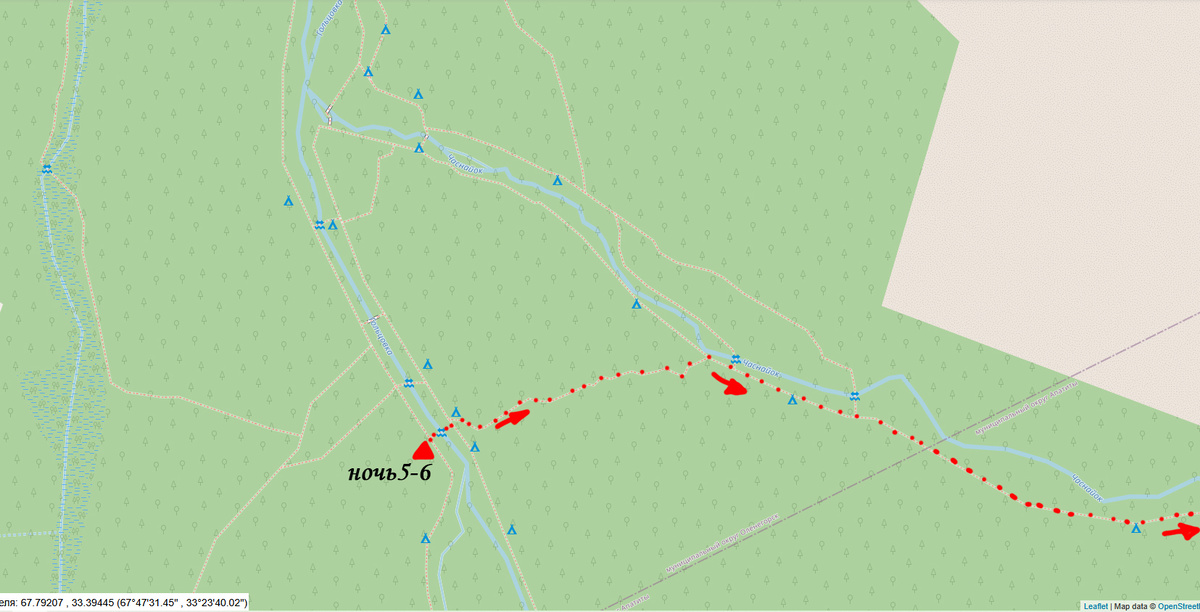 Места перехода реки Гольцовка вброд. Красными точками обозначен наш маршрут.