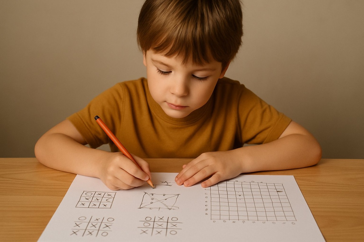 Ребенок играет в игры на бумаге