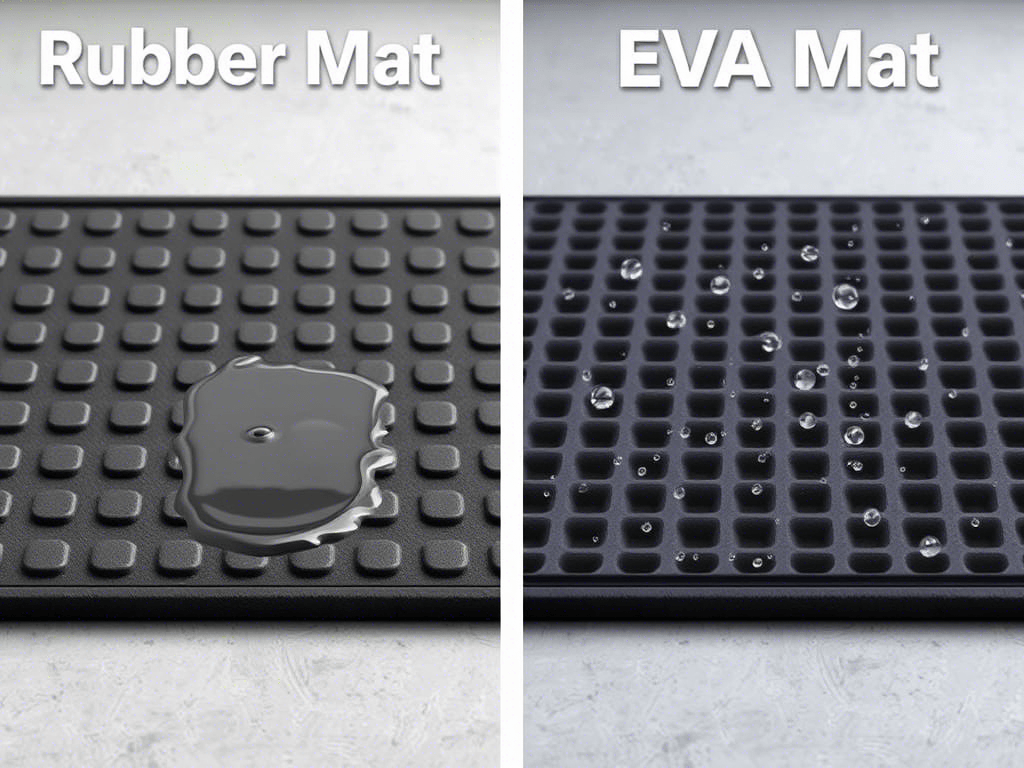 Принципиальное отличие: резиновые коврики не удерживают влагу, ЭВА материал запирает ее в ячейках