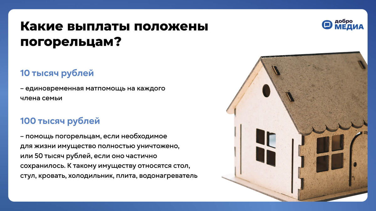    Какие выплаты положены погорельцам? Графика: Добро.Медиа