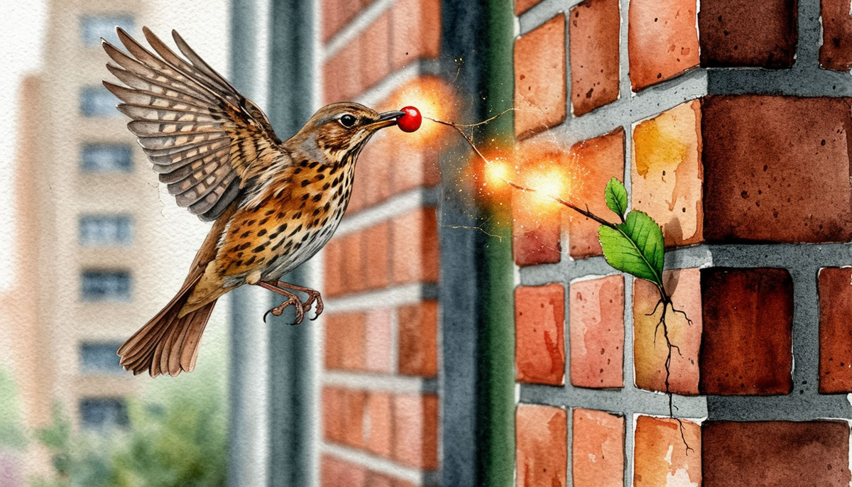 Дрозд переносит семена рябины с удобрением – так работает орнитохория. Благодаря птицам, семена прорастают на 50% быстрее