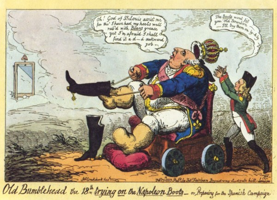 Карикатура на Людовика XVIII (король пытается натянуть сапоги Наполеона Бонапарта). Из открытых источников