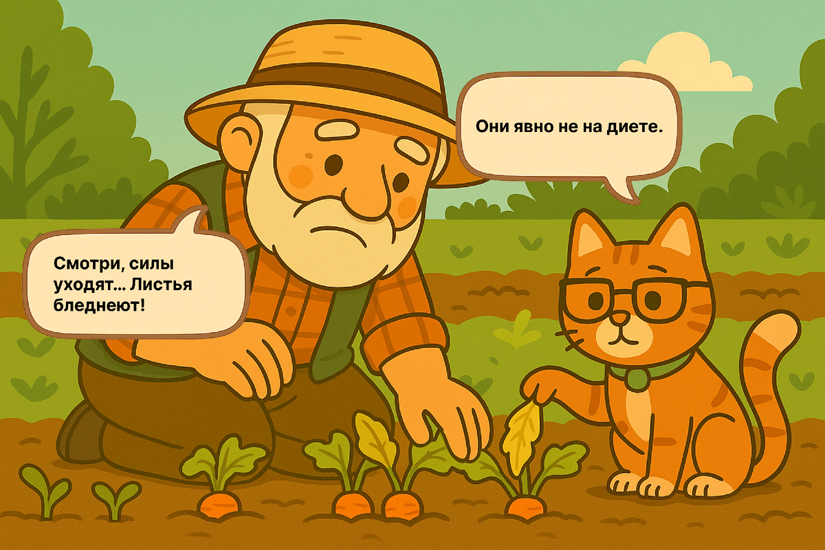 Семёныч наклоняется над рядком моркови: пожелтевшие и поникшие листья явно просят подкормки. Фосфорыч указывает на самый слабый лист — тут точно не хватает питания!