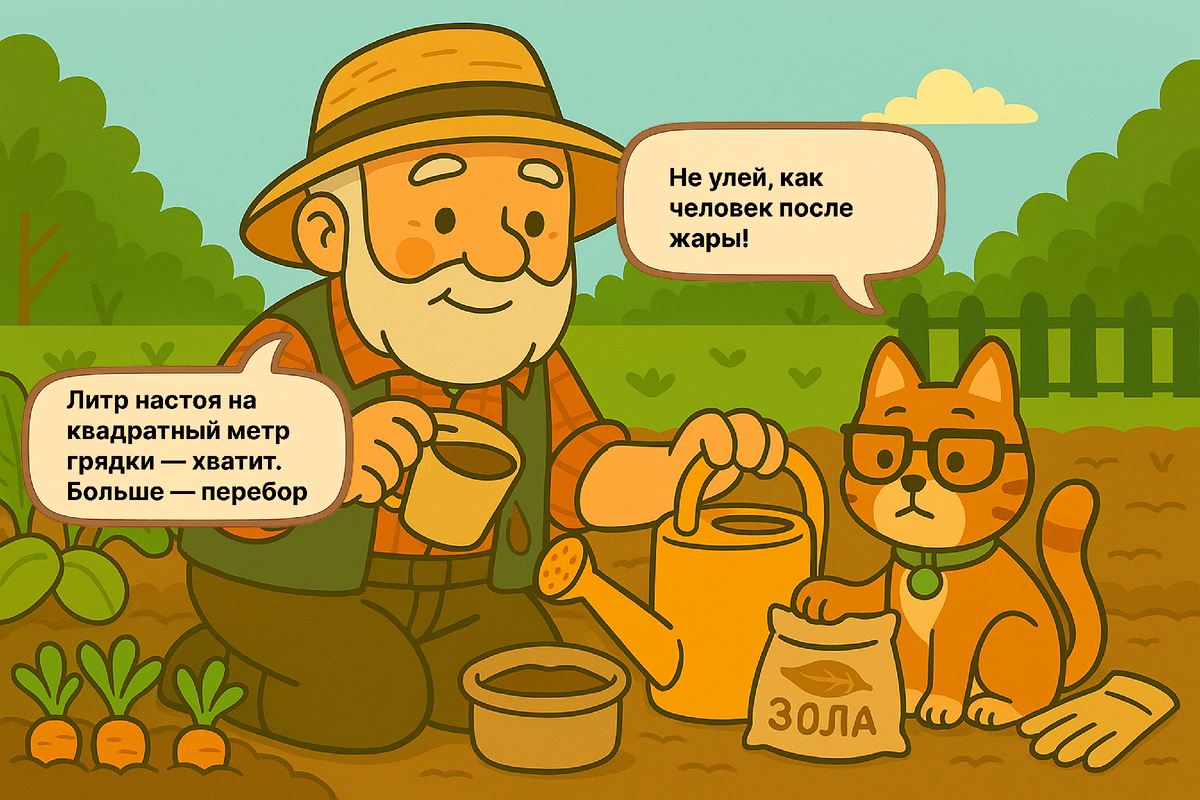 Семёныч в одной руке держит мерную кружку с настоем компоста, в другой — лейку. Аккуратно отмеряет литр смеси на квадратный метр грядки, а Фосфорыч контролирует дозировку.