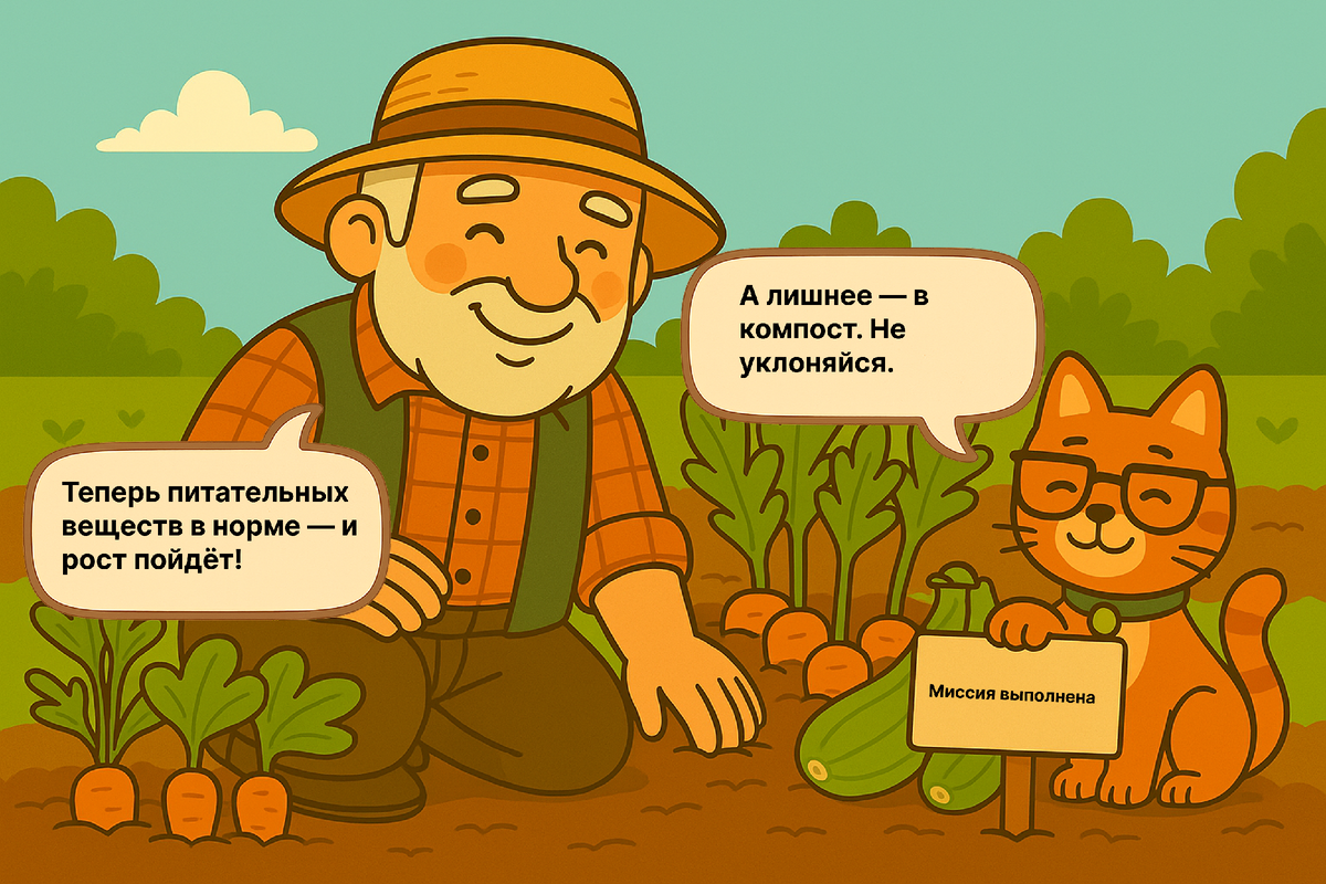 Грядка снова полна ярко-зелёной морковной ботвы и крепких стеблей. Семёныч улыбается победе над недостатком питания, а Фосфорыч лениво прислонился к табличке — «миссия выполнена».