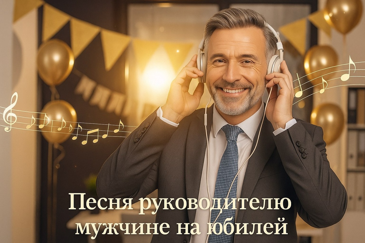 Руководитель мужчина с улыбкой слушает песню-подарок на день рождения