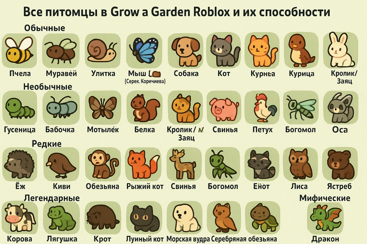 Все питомцы в Grow a Garden Roblox и их способности