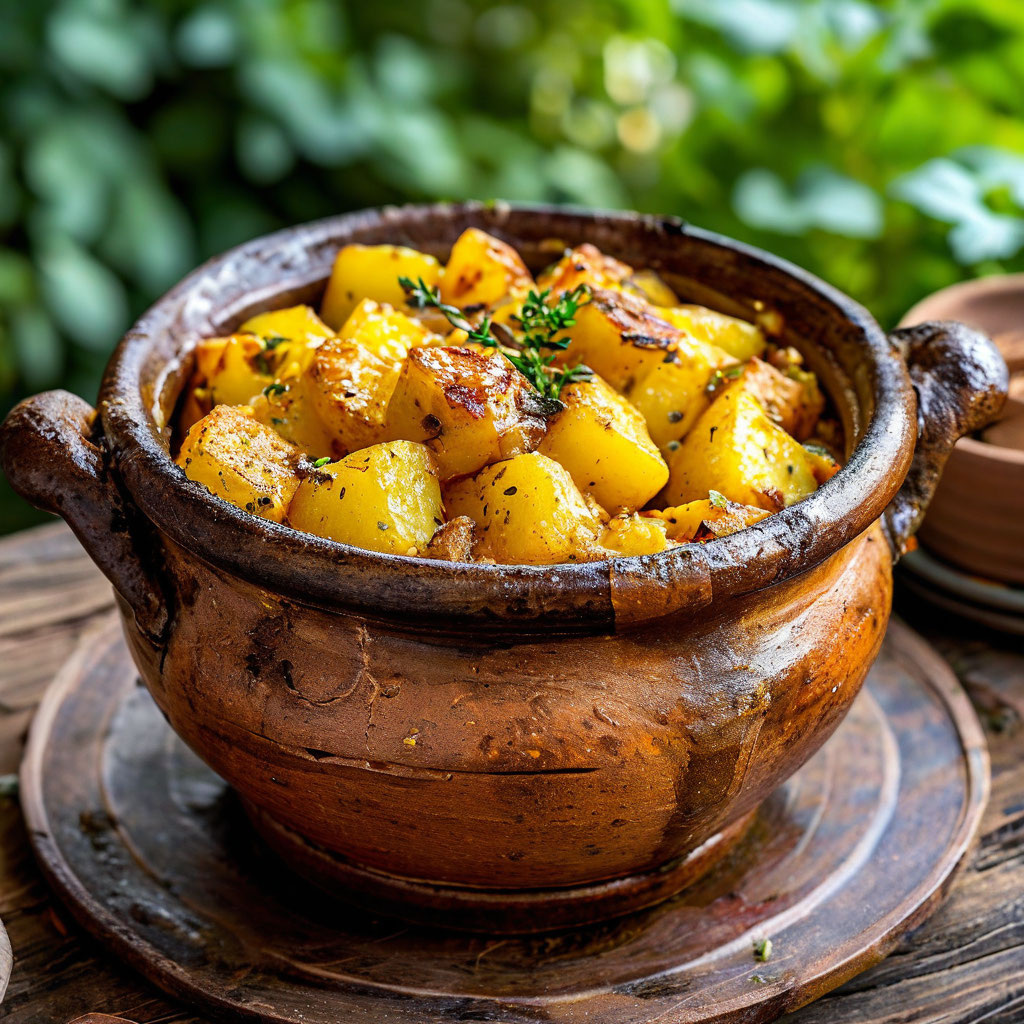 Картофель, запечённый в горшочке с тушёнкой, является блюдом Новой Русской кухни.