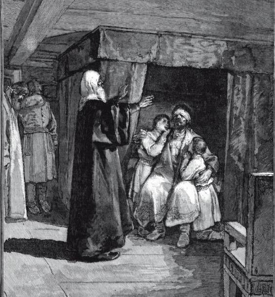 Иона приводит детей к ослепленному князю Василию Темному. Иллюстрация из журнала "Нива".