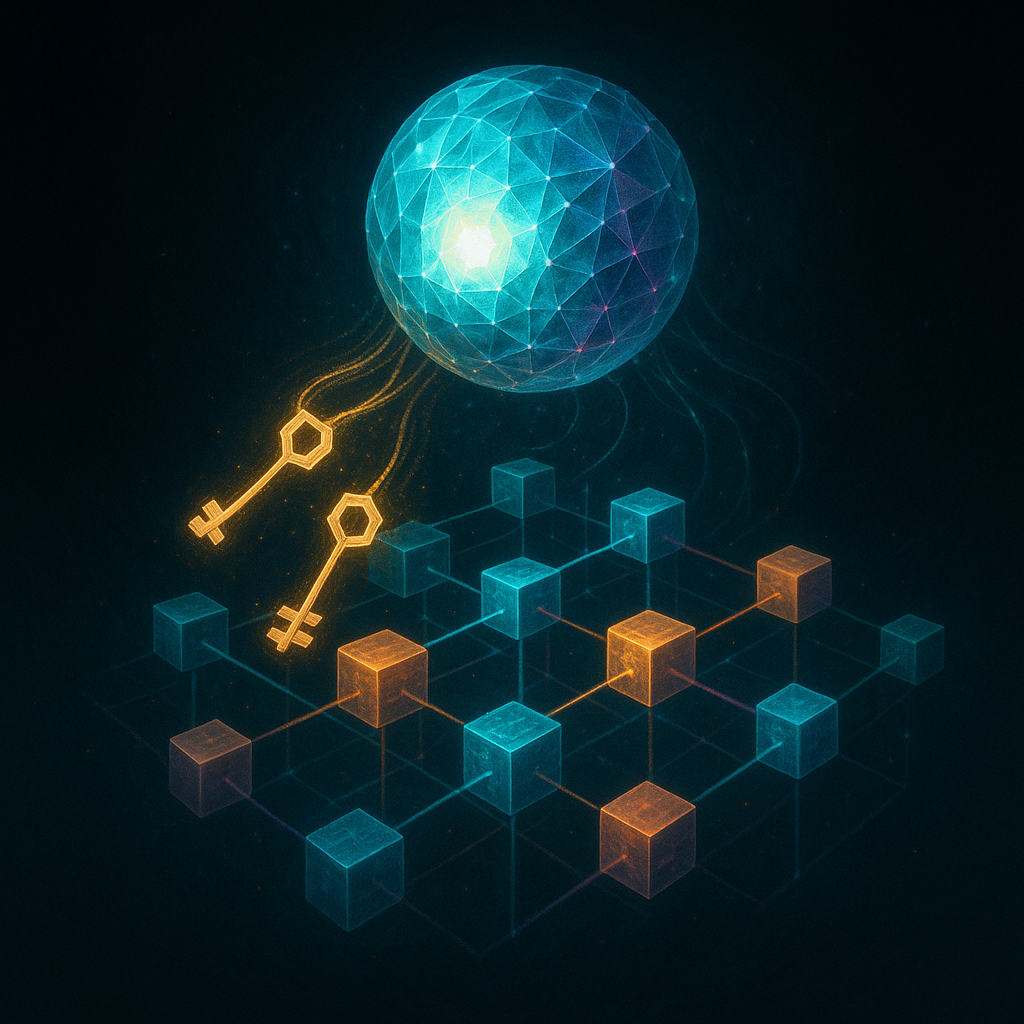 Сферический кристаллический «агент» сияет в темноте, выпуская две золотые ключ-формы вниз к парящему лабиринту из неоновых кубов-данных; светящиеся связи между кубами намекают на семантическую сеть, которую фреймворк помогает разгадывать.