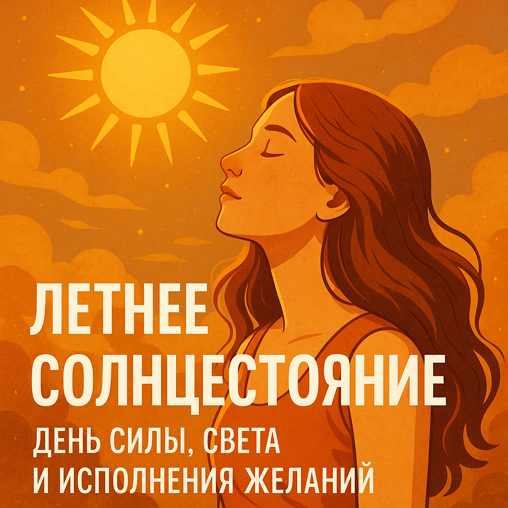 21 июня — особенный день. В этот момент солнце поднимается в зенит, дарит Земле максимум света и пробуждает древнюю энергию обновления. Это день, когда небо ближе, чем когда-либо, а желания — как никогда слышны вселенной.

🔆 Что такое Солнцестояние?
Солнцестояние — это астрономическое событие, когда солнце достигает самой высокой точки на небе. В северном полушарии это самый длинный день года. В древности этот момент считался временем, когда жизнь побеждает смерть, свет — тьму, любовь — страх.

Наши предки устраивали огненные ритуалы, водили хороводы, очищались травами и благодарили природу. Это время сбора силы, внутреннего пробуждения и загадывания великих желаний.

✨ Что делать в день Солнцестояния?
Сейчас, даже без костров и хороводов, ты можешь использовать этот день себе во благо:

🌿 1. Очисти пространство
Проветри дом, зажги ароматные травы или свечу. Солью можно пройтись по углам, чтобы вымести старую энергию.

💫 2. Проговори своё намерение
Это может быть одна фраза или длинный текст — главное, чтобы он шёл из сердца. Напиши то, чего ты хочешь от жизни, и чего готова отпустить.

🔥 3. Побудь на солнце
Почувствуй тепло на коже. Представь, как солнечные лучи наполняют твоё тело энергией. Это не просто «загар», это активация твоей личной силы.

🕊 4. Медитируй или просто побудь в тишине
Пусть это будет 5 минут или 15 — просто закрой глаза, дыши глубоко и слушай, что тебе хочет сказать твоя душа.

🧡 Какую энергию несёт этот день?
Солнце в своём пике — это ясность, уверенность, радость, вдохновение. Всё, что ты посеешь в этот день, может дать мощные плоды в ближайшие месяцы.

Это прекрасное время для:

старта нового дела;

признаний;

работы с желаниями;

исцеления отношений;

соединения с собой.

🎁 Маленький ритуал:
Напиши на бумаге своё желание. Сложи её, зажги свечу, посмотри в огонь и прошепчи:
«Я достойна света, любви и счастья. Моё желание уже во мне. Да будет так.»
Сожги бумагу (если безопасно), а пепел отпусти на ветер или в воду.

