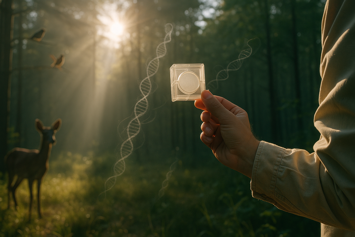 Раннее утро в лесу: учёный держит прозрачный фильтр-ловушку, а в лучах солнца вокруг фильтра тонко проявляются спирали ДНК; неподалёку замирает оленёнок, а на ветвях — птицы, словно вся экосистема «видна» в самом воздухе.