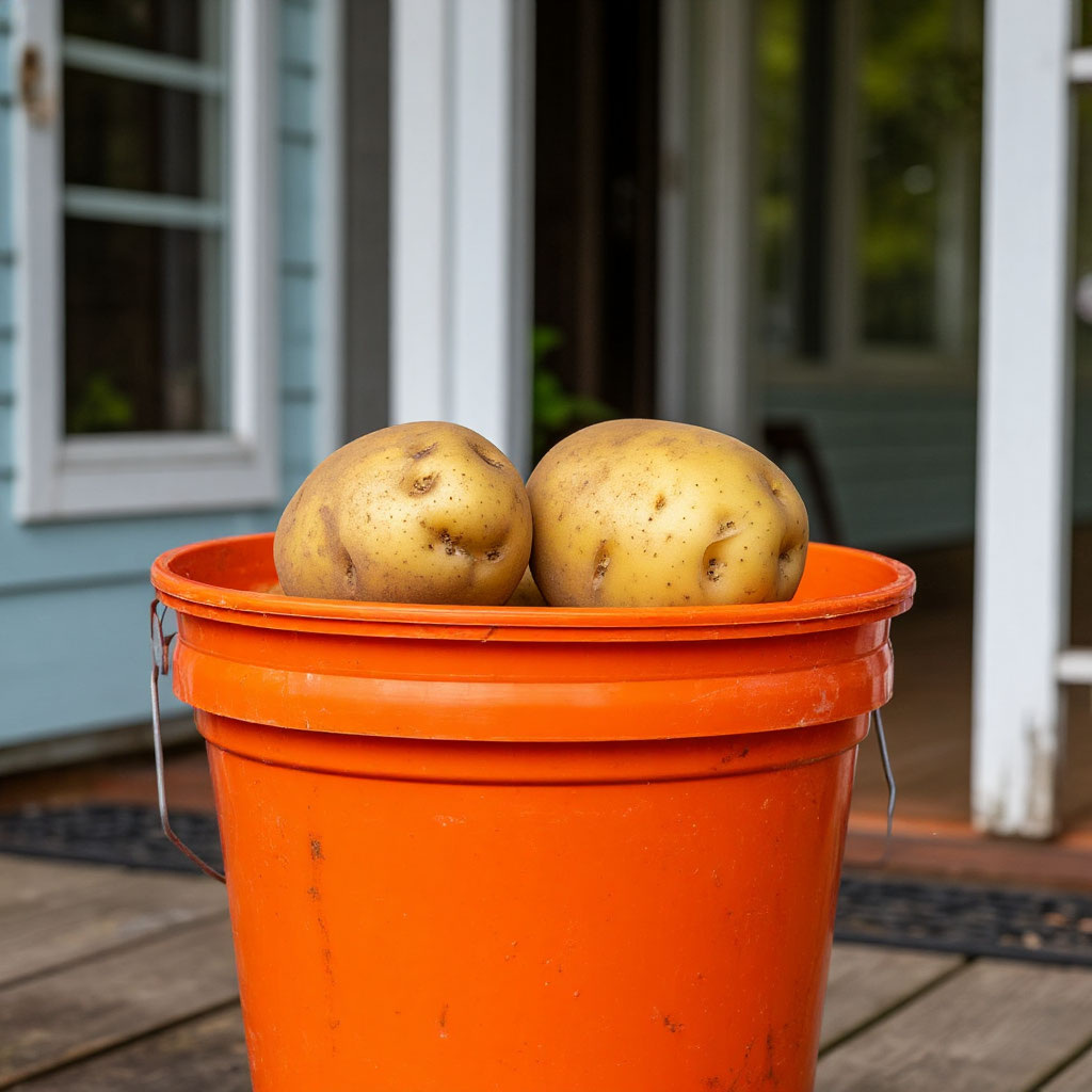 в ведерке 7 картошин вот такого размера ,ну мелкуя я поставлю варить курочкам..это два кустика