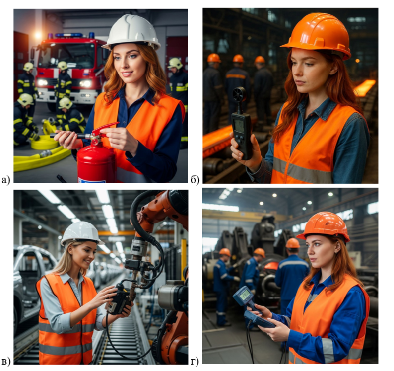 Рисунок 1 – Специалисты в области пожарной профилактики (а), охраны труда (б, г) и промышленной безопасности выполняют регламентные работ по обследованию
