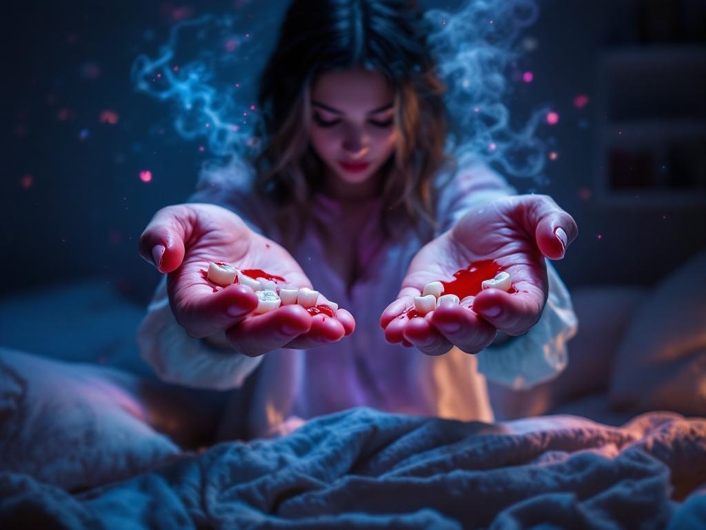    К чему такое снится: Я бы нарисовал человека, стоящего и смотрящего на свои руки, в которых он держит выпавшие зубы. Некоторые из зубов окрашены в красный цвет, чтобы показать, что из ни