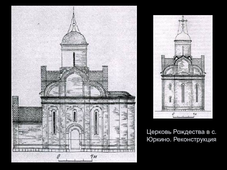 Церковь Рождества Христова в Юркине. Южный и восточный фасад. Реконструкция первоначального облика.