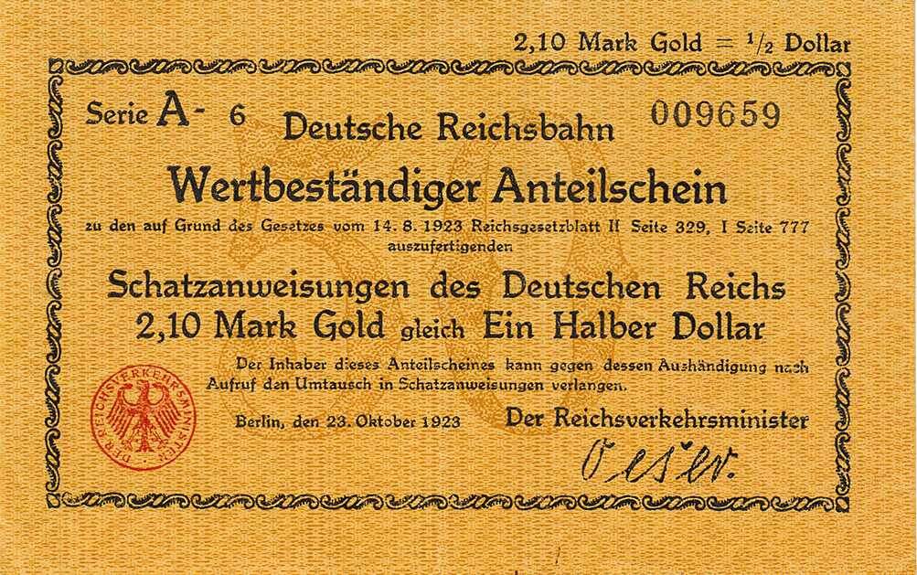 Немецкий Рейхсбан. Стабильный акционерный билет серии А на казначейские билеты Германской империи, выпускаемые на основании Закона от 14 августа 1923 года, номиналом 2,10 золотых марок = ½ доллара, выпущенный рейхсминистром транспорта в Берлине 23 октября 1923 года.