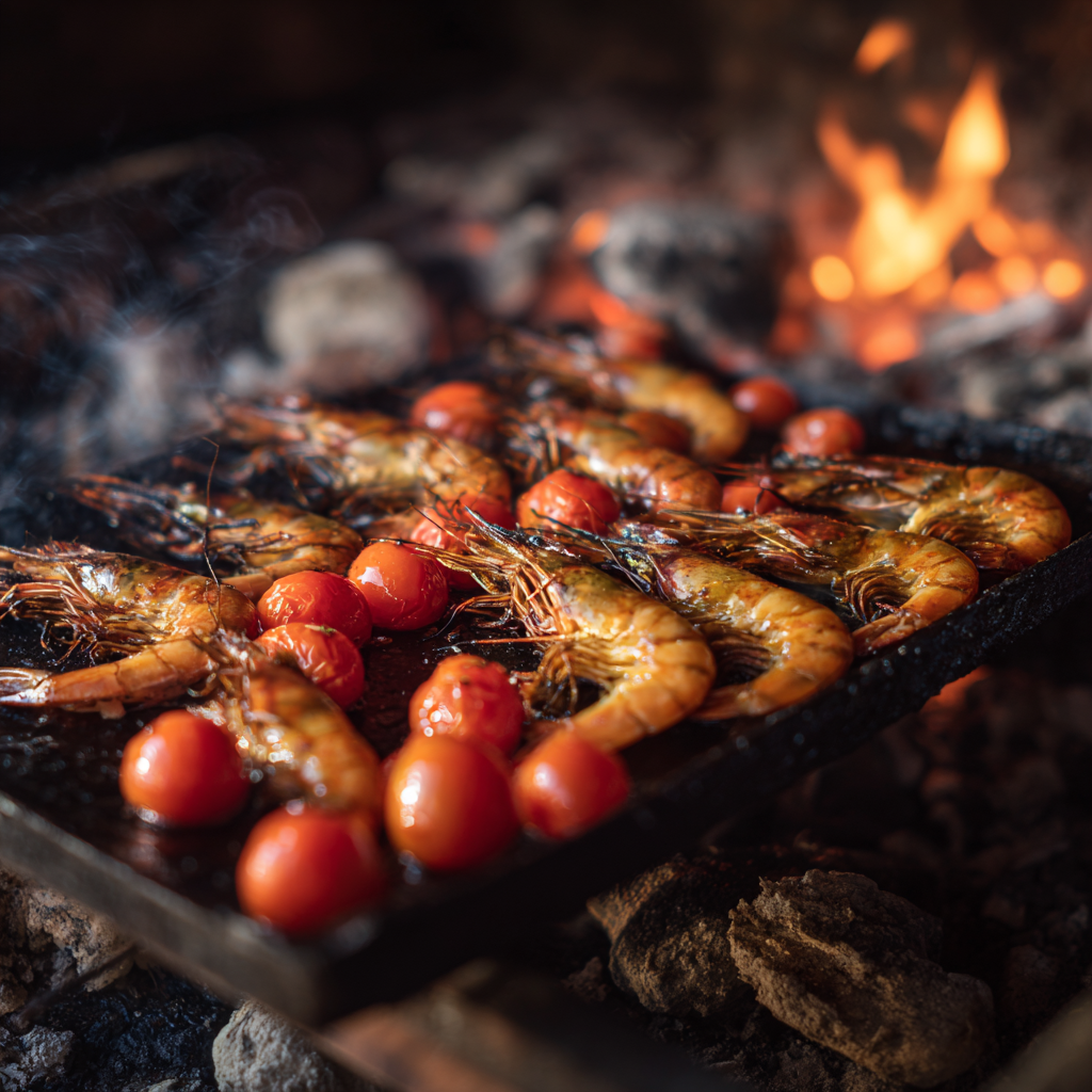 криветки и помидоры поджариваются на углях