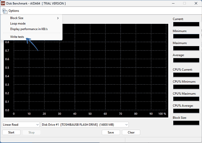 В меню окна тестирования накопителей откройте «Options» и выберите пункт «Write tests».