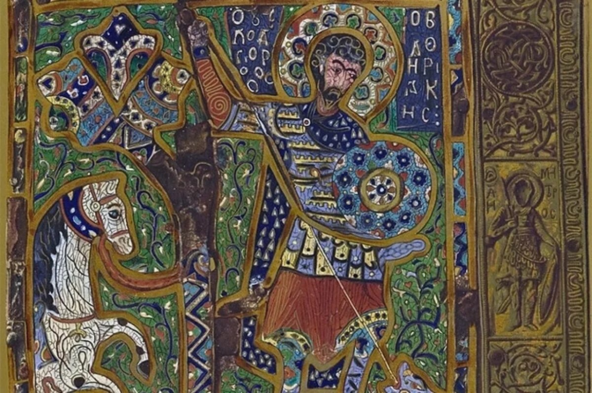    Византийская эмалированная икона святого Феодора Стратилата, фрагмент.