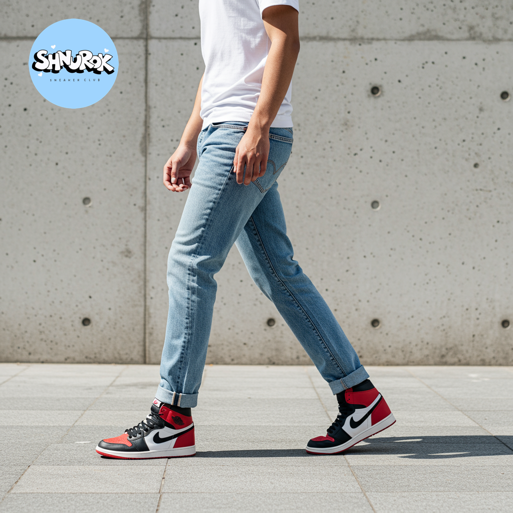 Прямые джинсы и футболка — беспроигрышная классика для твоих «джорданов»