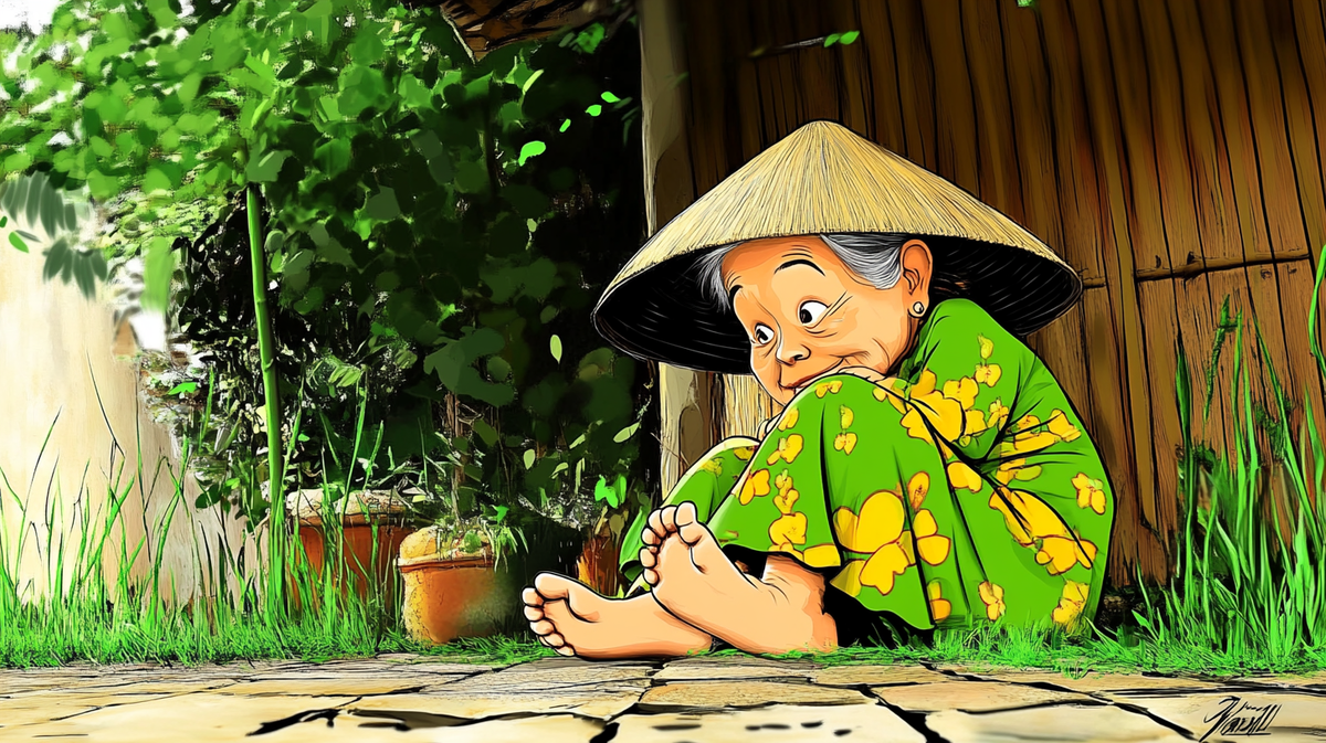 Однажды утром старушка нашла в огороде огромный след и, поставив в него ногу, забеременела. Родившегося сына назвали Тхань Гионг. Эта история учит верить в чудеса и показывает, что удивительное может произойти в обыденных ситуациях