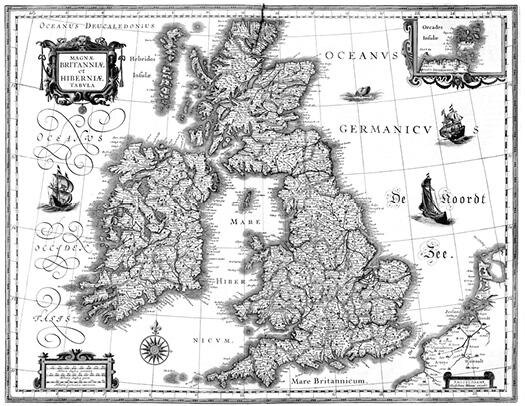 Ян Виллем Блау. Карта Британии и Ирландии. Гравюра из Atlas Novus. 1634