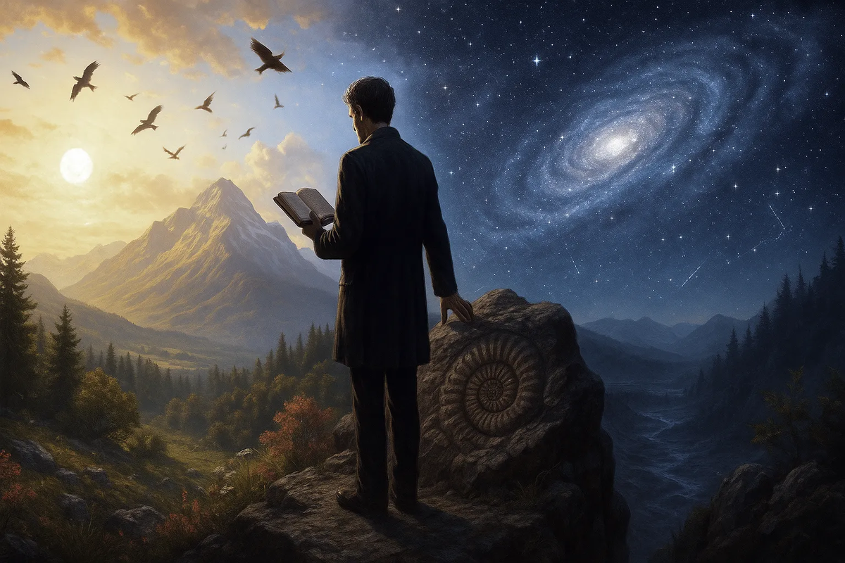 Картина маслом: одинокая фигура стоит на утёсе, глядя на обширный ландшафт, где солнечный свет встречается с космической ночью — символ напряжения между наукой и верой.