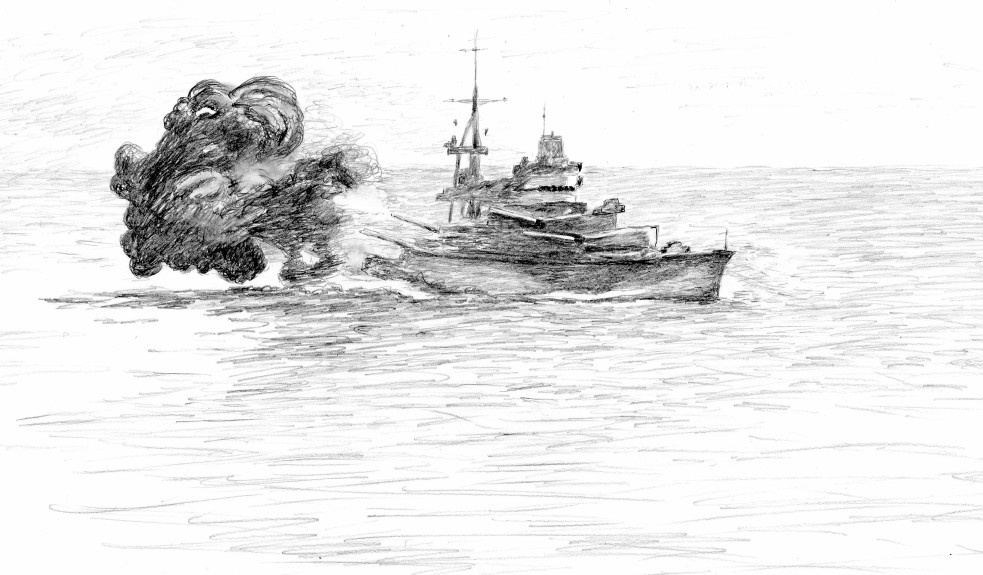 Линкор «Конте ди Кавур» ведёт огонь из кормовых орудий главного калибра