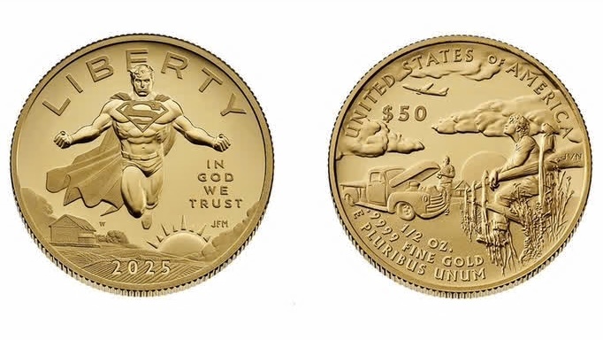 Золотая пробная монета весом в полунции с изображением Супермена.