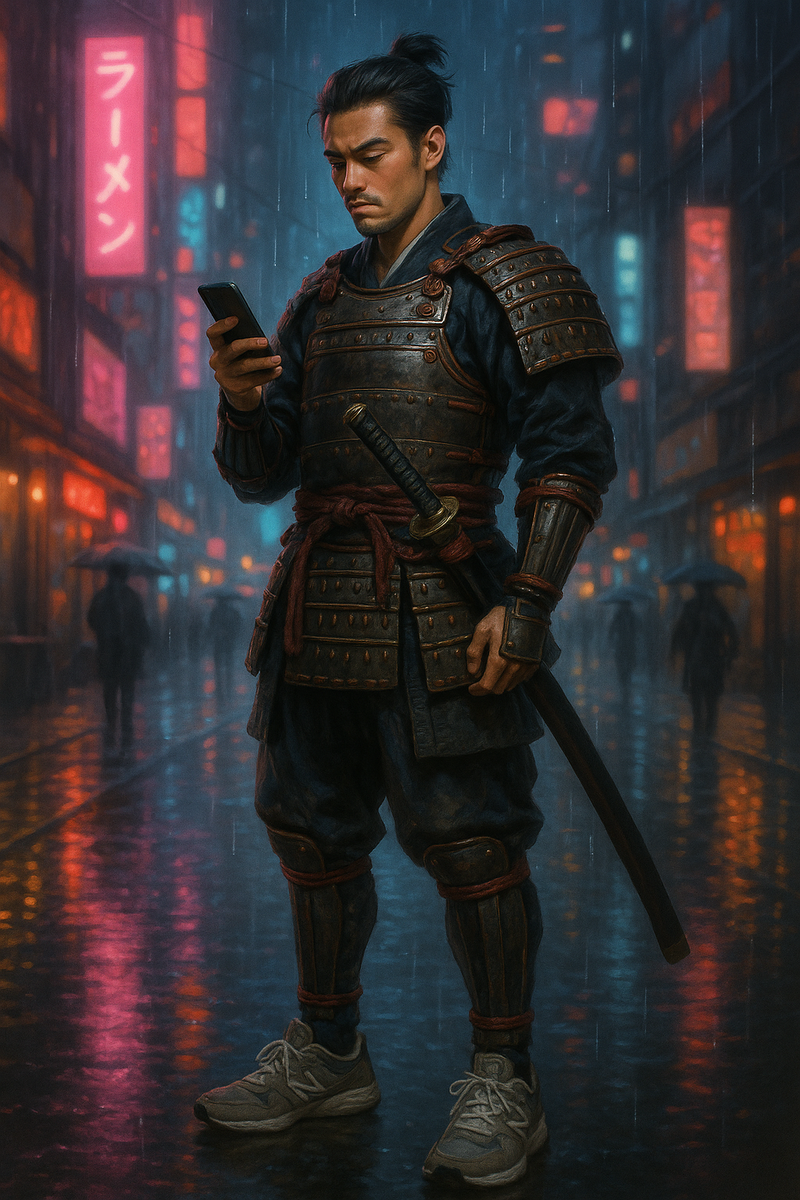 Когда ты идёшь по пути воина, но у тебя ещё доставка суши через 20 минут. 🍣⚔️📱