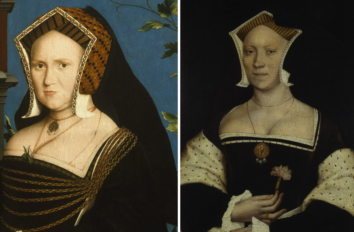 Слева - портрет леди Мэри Уоттон кисти Ганса Гольбейна Младшего, XVI в. Справа - портрет Элизабет Воукс кисти того же художника, XVI в.