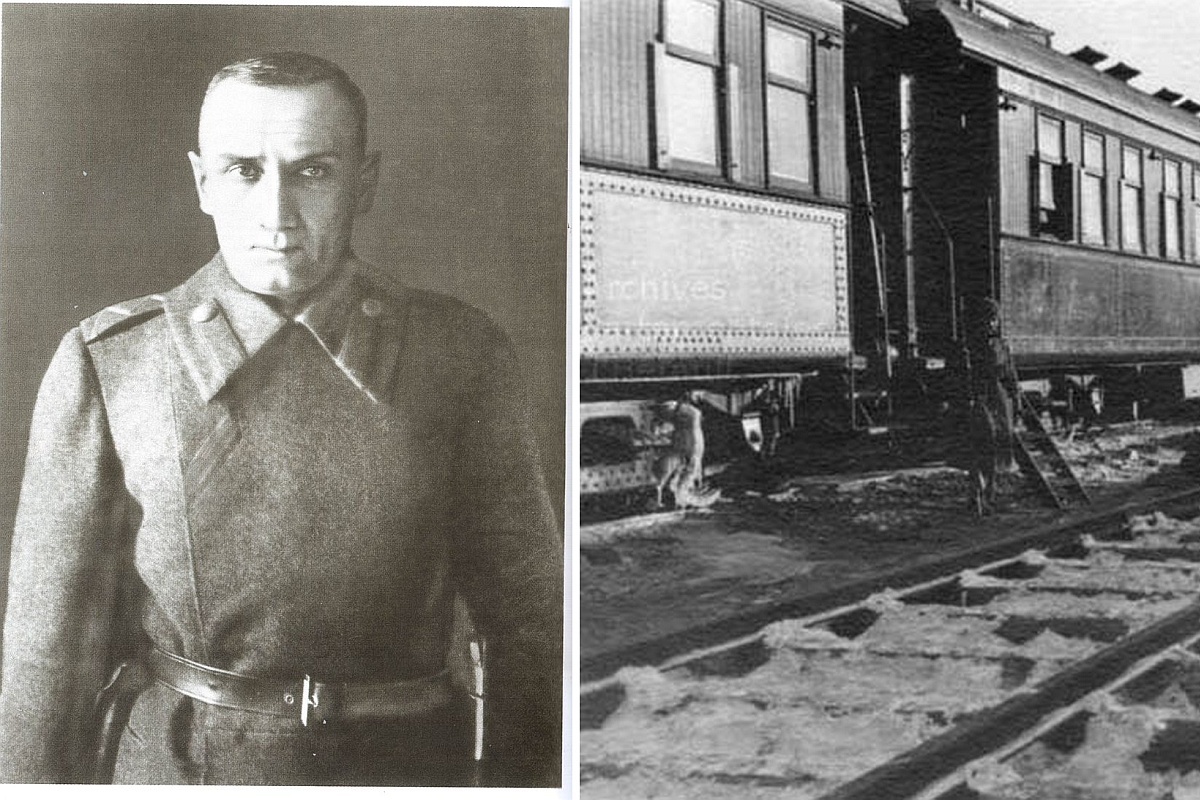    Последняя фотография Колчака (после 20 января 1920 года) и его личный вагон. Именно по железной дороге, предполагают исследователи, и вывезли сокровище. / wikipedia.org