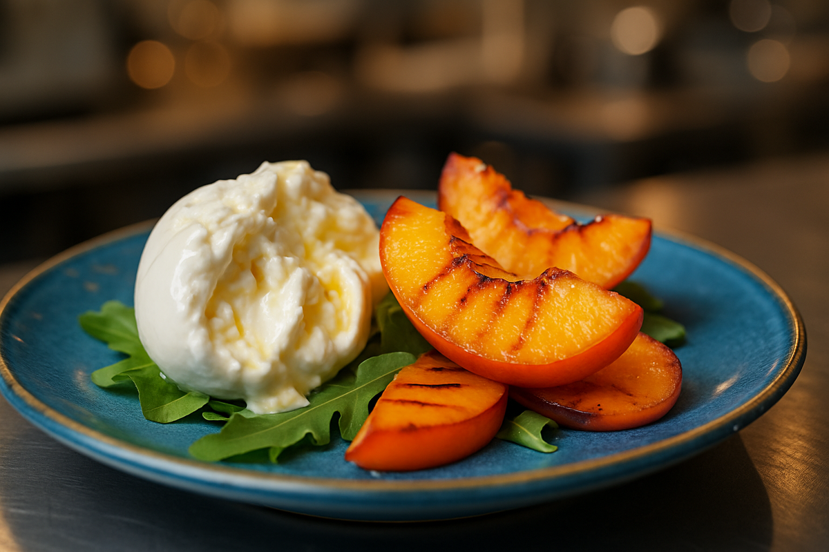 Сочная буратта с нектарином (фотография в качестве иллюстрации к меню, может отличаться от готового блюда)