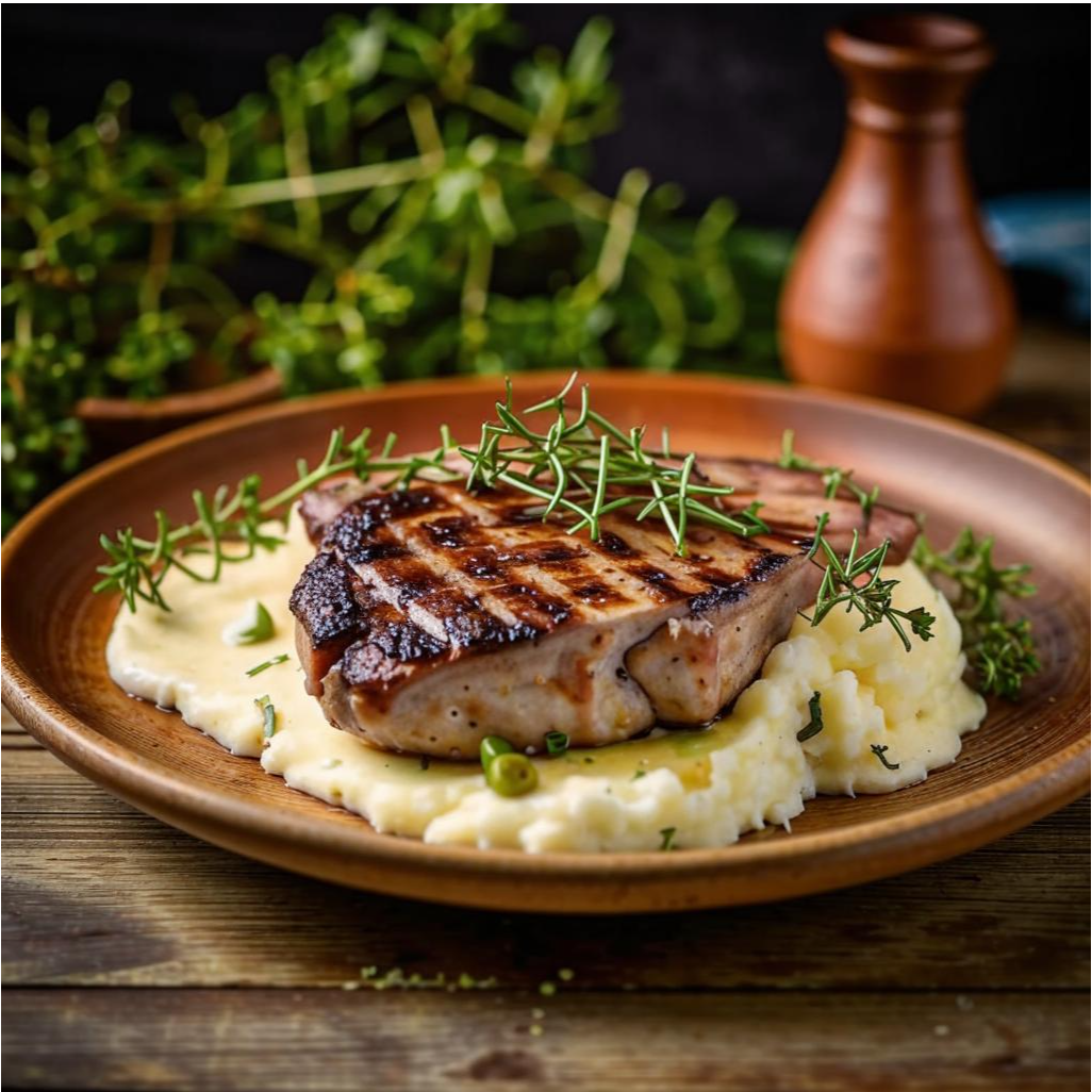 Сытный кето-ужин без лишних углеводов — ароматная отбивная, грибной соус и пюре из цветной капусты