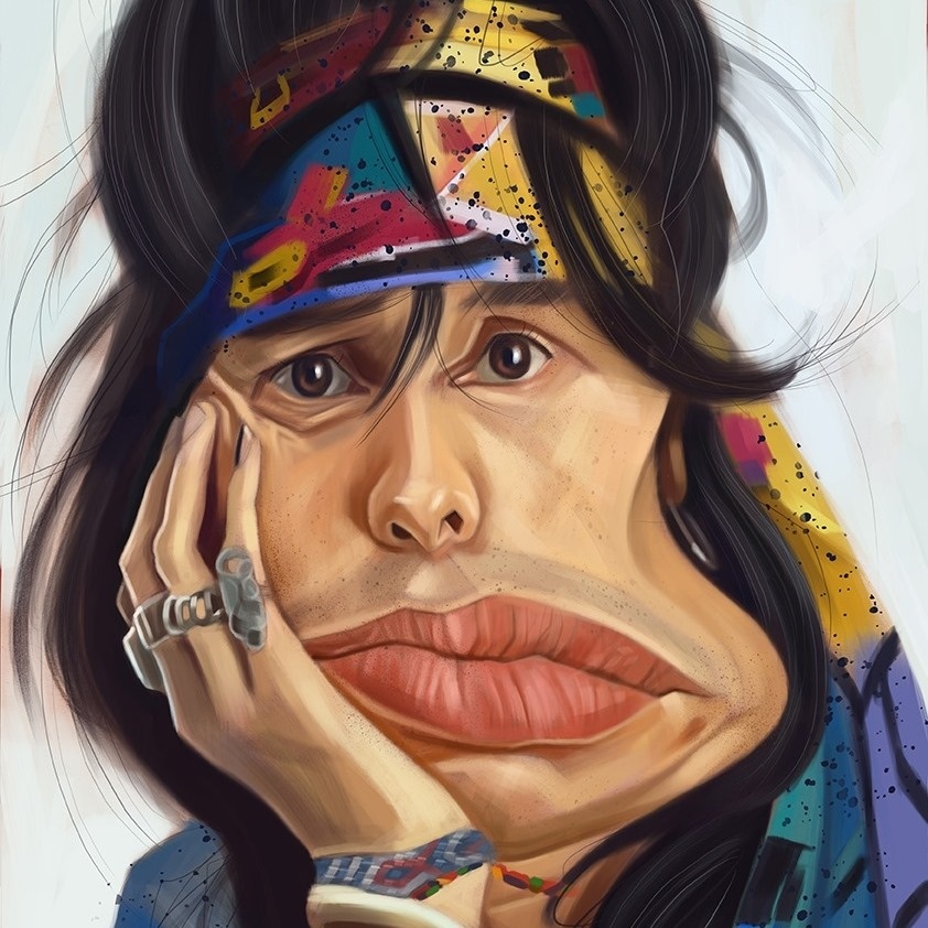 ЛИДЕР  ГРУППЫ " Aerosmith " СТИВЕН ТАЙЛЕР  /  Steven Tyler  / ШАРЖ ОТ ХУДОЖНИКА-ИЛЛЮСТРАТОРА РАФАЭЛЯ КАБАЛЬЕРО / Rafa Caballero ИЗ ЕГО СЕРИИ  " Я ЛЮБЛЮ 80-Е "