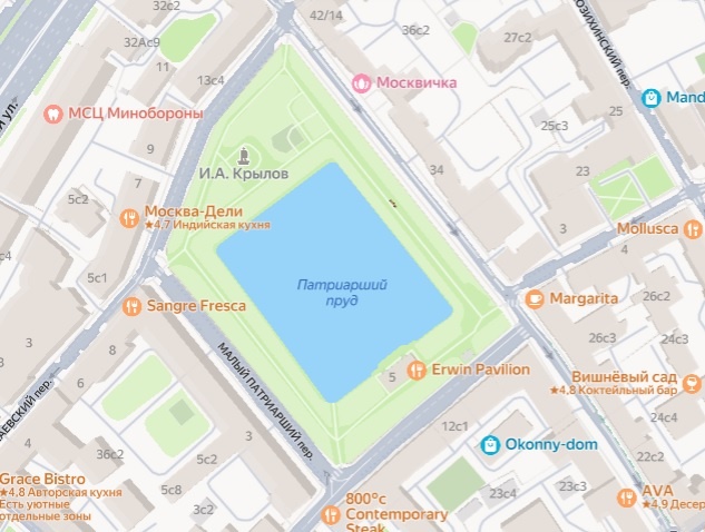 Патриаршие в наши дни на карте Яндекса