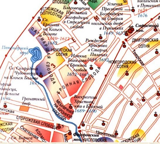 Северо-запад Земляного города в конце XVII века, фрагмент современной карты-реконструкции, retromap.ru