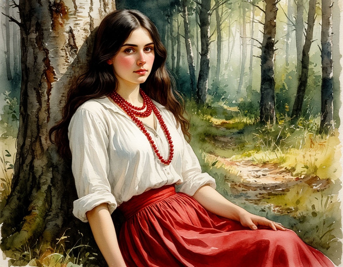 Изображение сгенерировано нейросетью. К сожалению, мне не удалось до конца уйти от "современного" лица, которое нейросети очень любят. Олесю я представляю другой, но общее мое видение примерно такое, как на этой картинке. Не Людмила Чурсина и не Марина Влади из экранизаций (обеих актрис очень уважаю, если что). Но "моя" Олеся - это темноволосая лесная нимфа, мягкая и женственная внешне и стальная внутренне. 