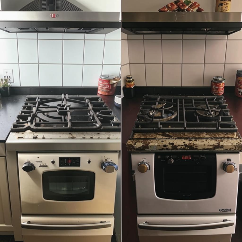 Фото: плита ПОСЛЕ очистки Биочситом                                                                     и ДО очистки