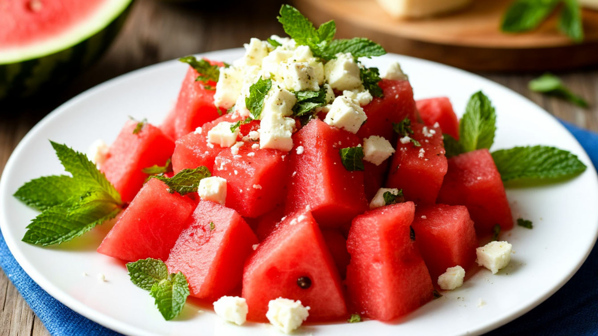 Арбуз с сыром фета и мятой: идеальный летний дуэт! 
