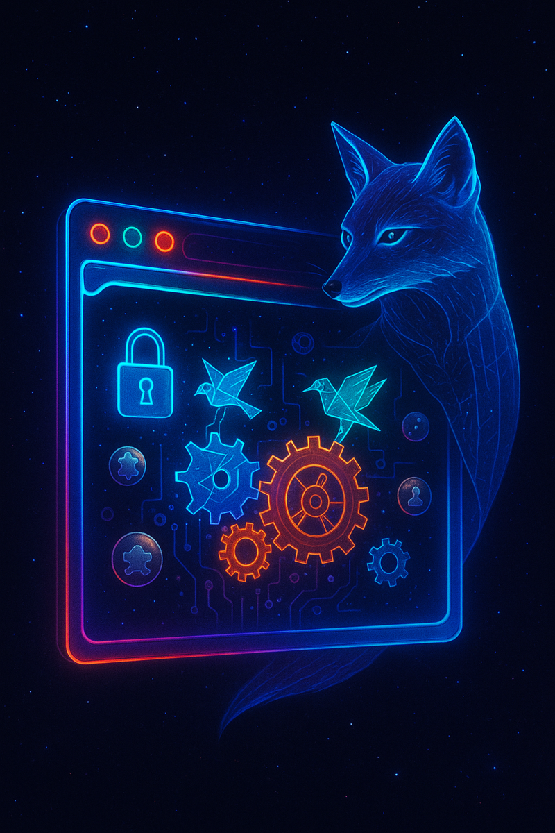 Во вселенной неоновых звёзд парит браузер-портал, опоясанный призрачной лисой-охранником; внутри мерцают шестерёнки и оригами-агенты ИИ, символизируя приватный локальный интеллект и гибкие расширения Nxtscape.