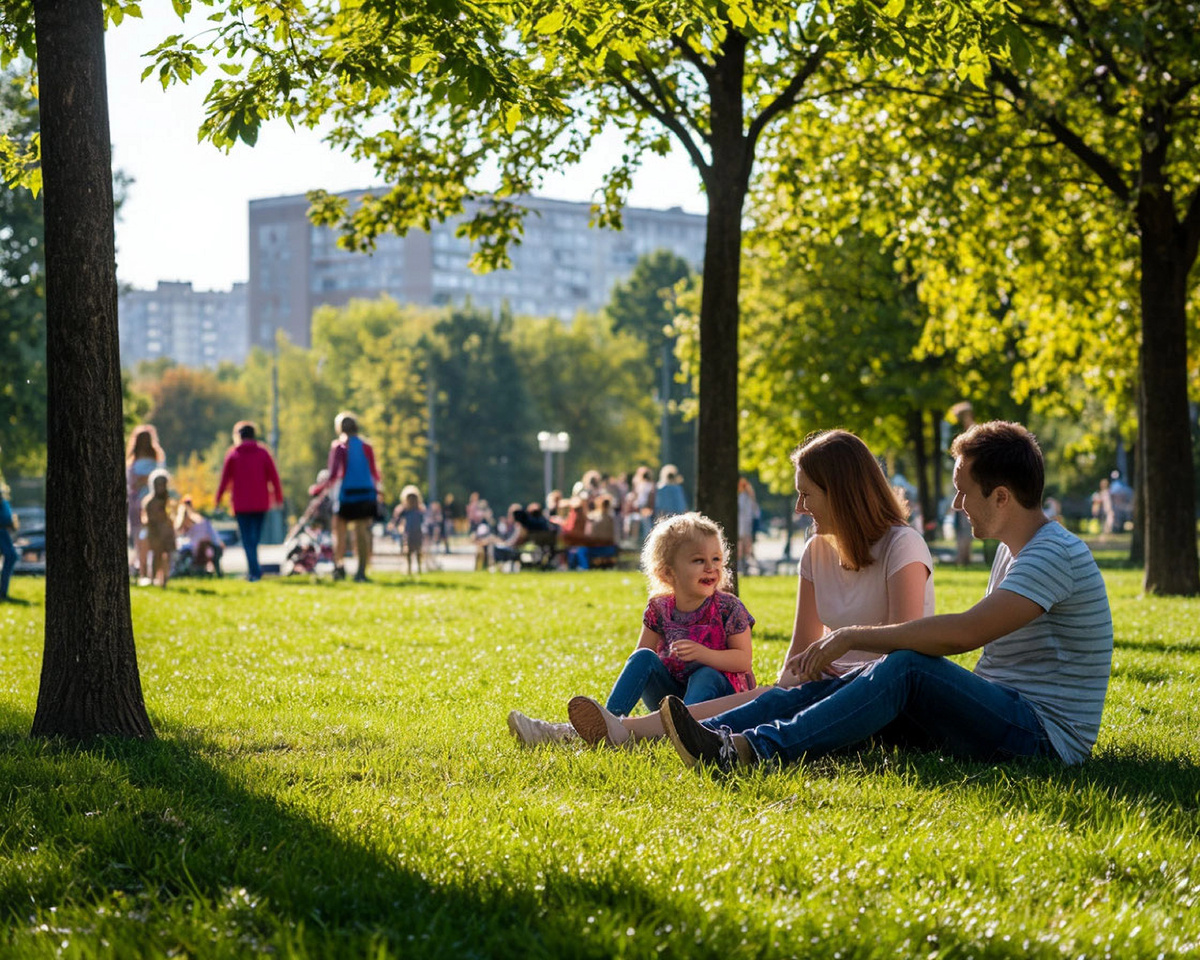 Прохладно, но солнечно. Люди гуляли с детьми, молодые парочки сидели на траве.
