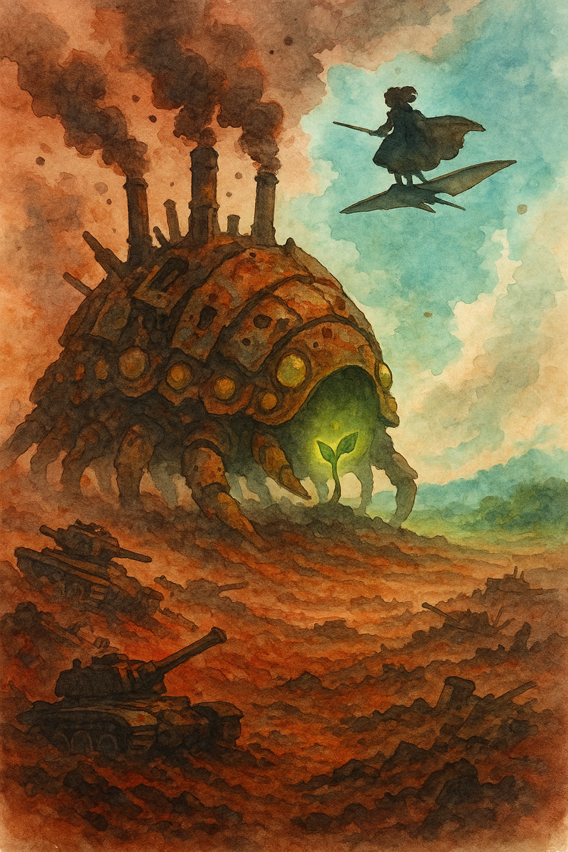 Акварельный пост-апокалипсис: ржавый ому-колосс с дымовыми трубами ползёт по выжженной земле, вокруг разбитые танки, а над ним силуэт Наусикаи на глайдере защищает крошечный зелёный росток — хрупкую надежду среди тлеющих последствий войны.